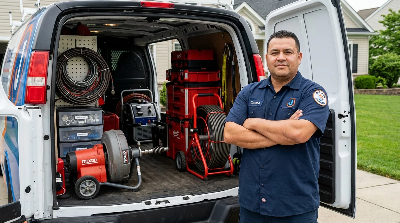 Professional drain cleaning equipment and Johns Plumbing LLC plumber in Rushville