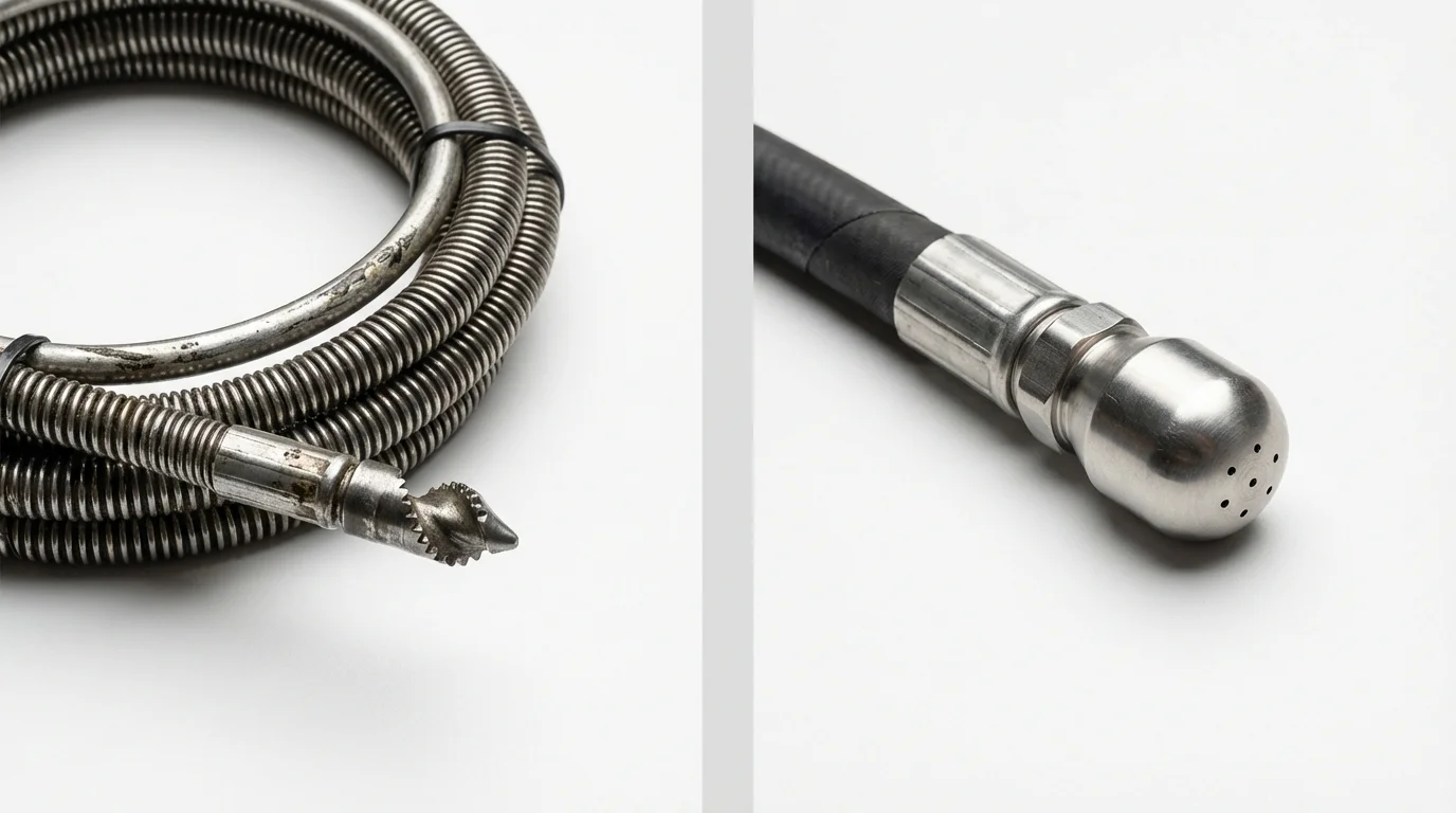 Drain snake cable and hydro jetting nozzle used for drain cleaning in Rushville, IN