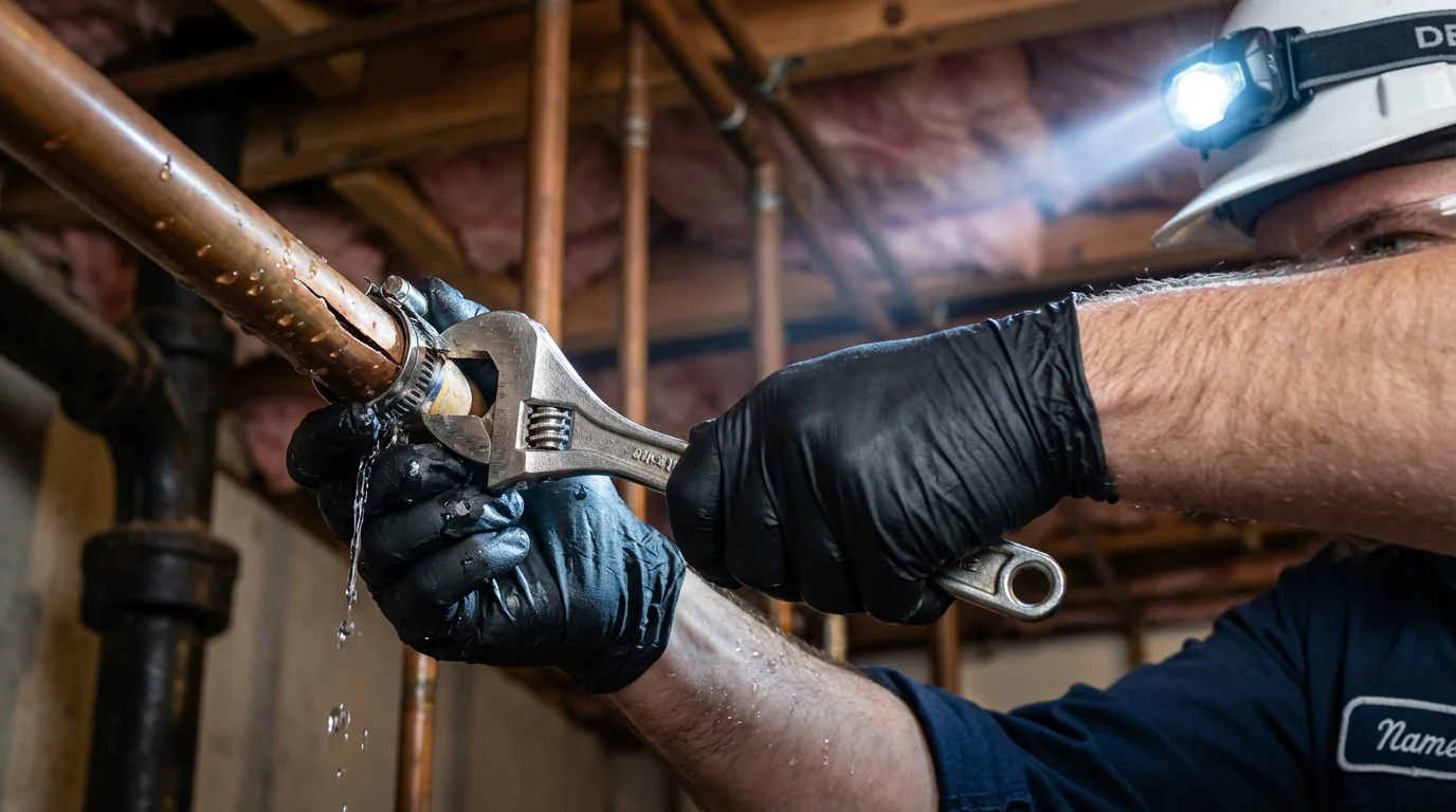 Emergency pipe clamp repair being performed by a Johns Plumbing LLC plumber in Rushville