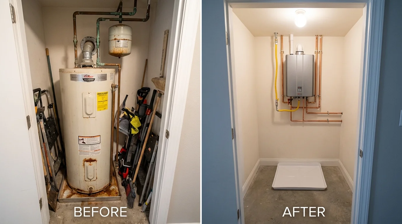Tank water heater versus wall-mounted tankless unit comparison for Rushville, IN homeowners