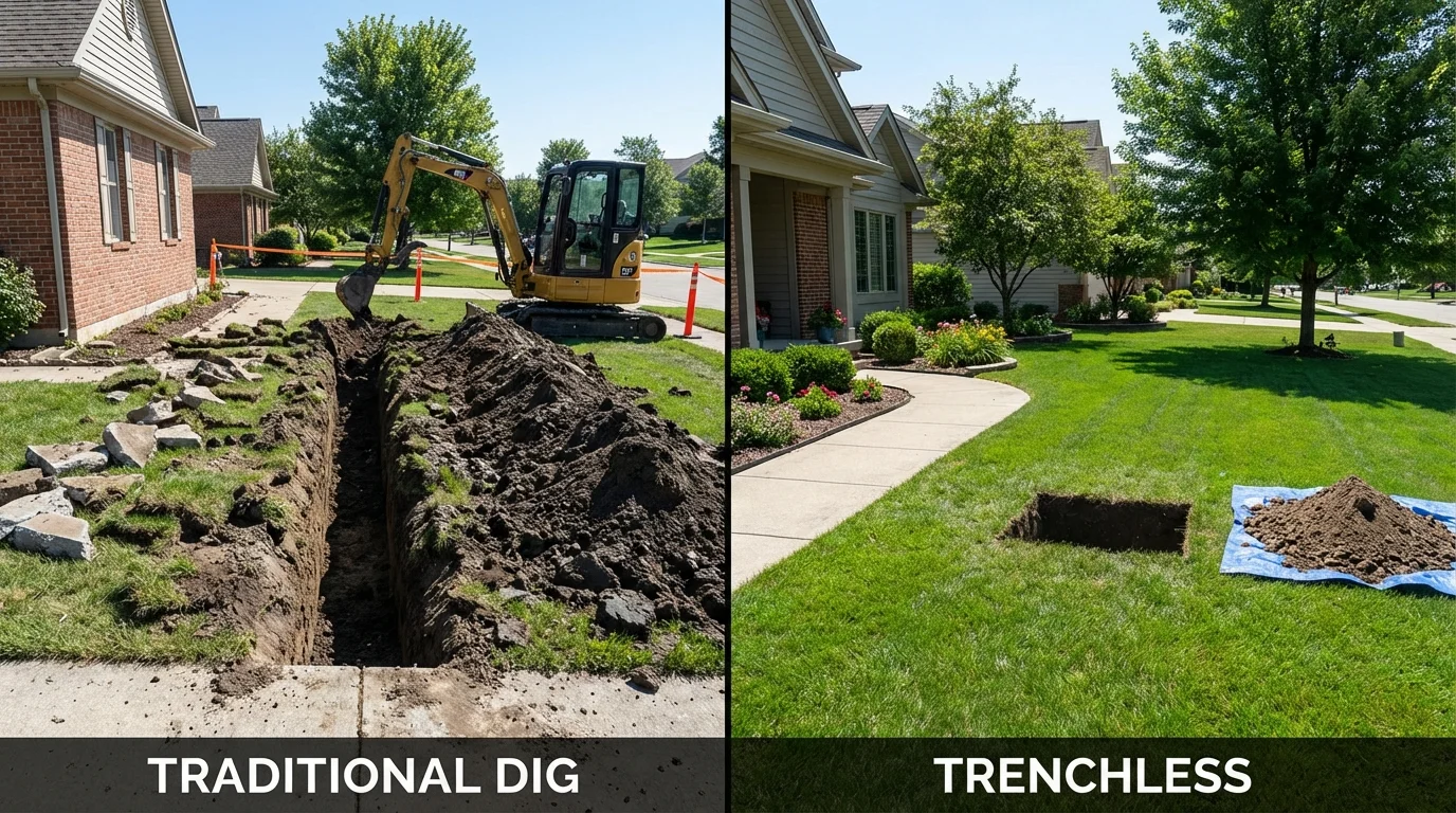 Trenchless sewer repair with minimal yard damage versus traditional excavation in Rushville, IN