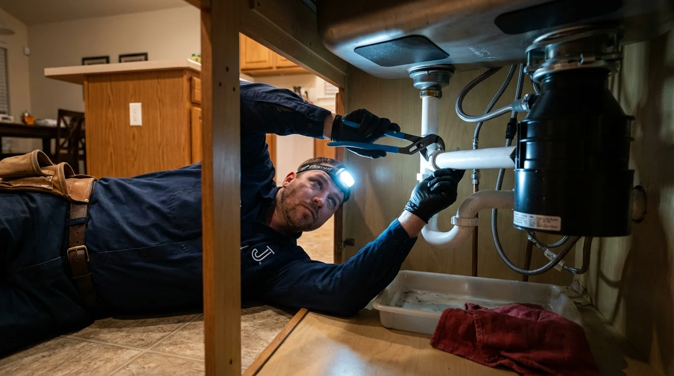 P-trap and supply line connections under a kitchen sink showing a common leak point in Rushville, IN